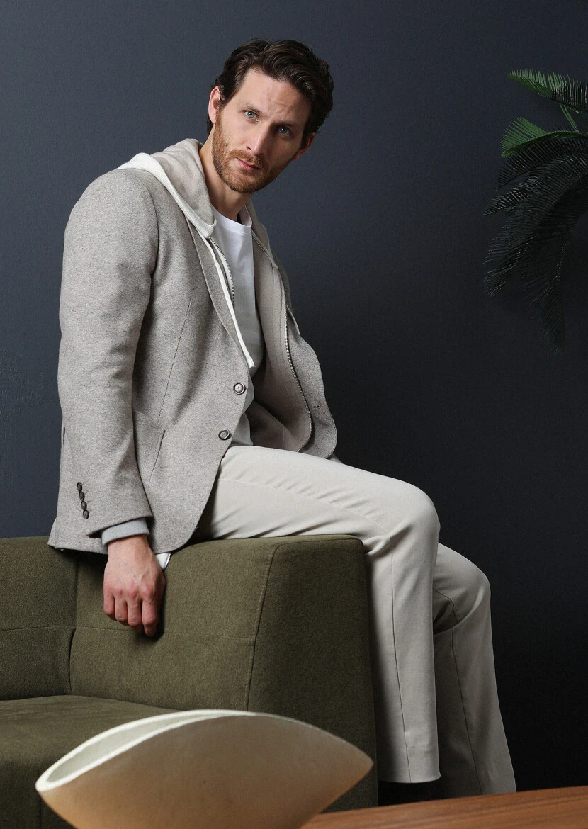 Beige Plain Shirt Shoulder Slim Fit Wool Blended Jacket - 4