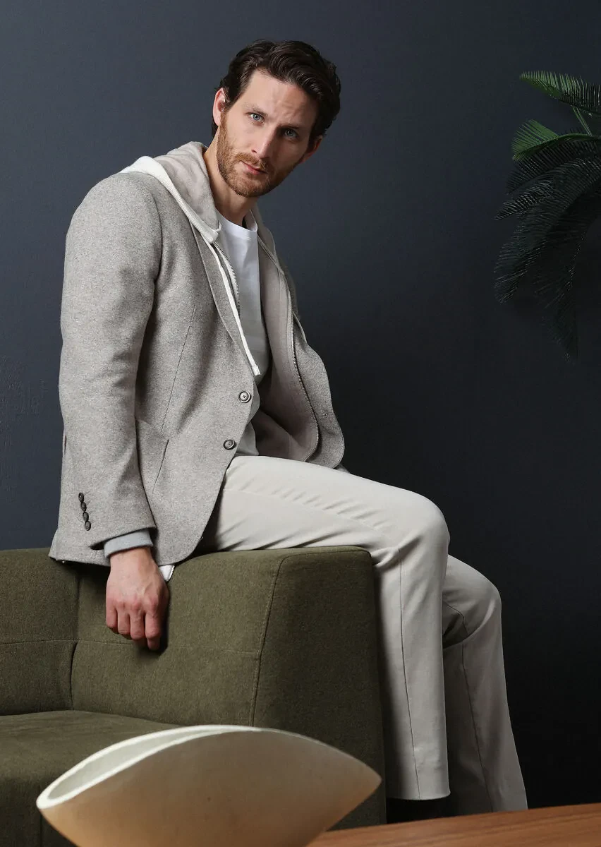 Beige Plain Shirt Shoulder Slim Fit Wool Blended Jacket - 4