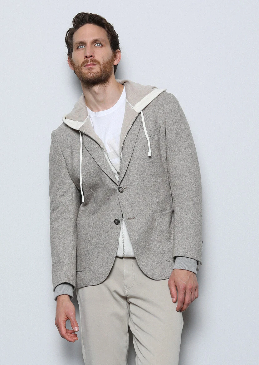 Beige Plain Shirt Shoulder Slim Fit Wool Blended Jacket - 5