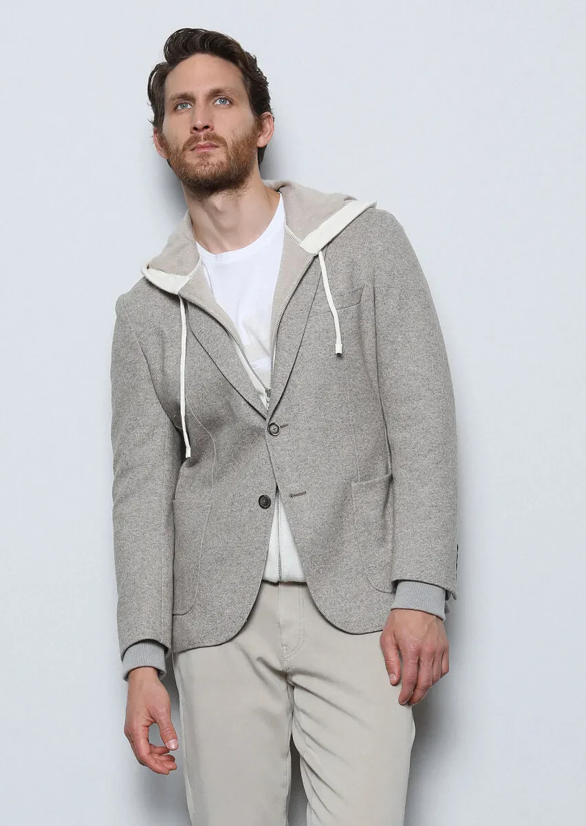 Beige Plain Shirt Shoulder Slim Fit Wool Blended Jacket - 5