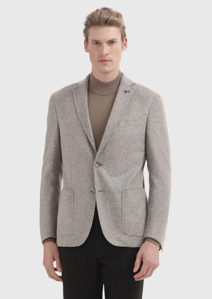 Beige Plain Shirt Shoulder Slim Fit Wool Blended Jacket - 2