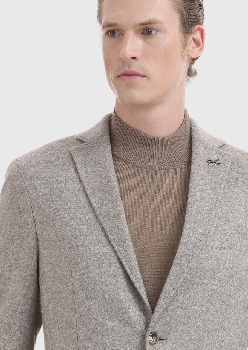 Beige Plain Shirt Shoulder Slim Fit Wool Blended Jacket - 3