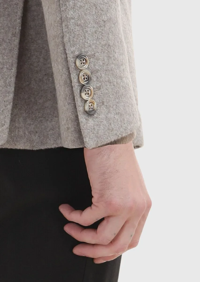 Beige Plain Shirt Shoulder Slim Fit Wool Blended Jacket - 4