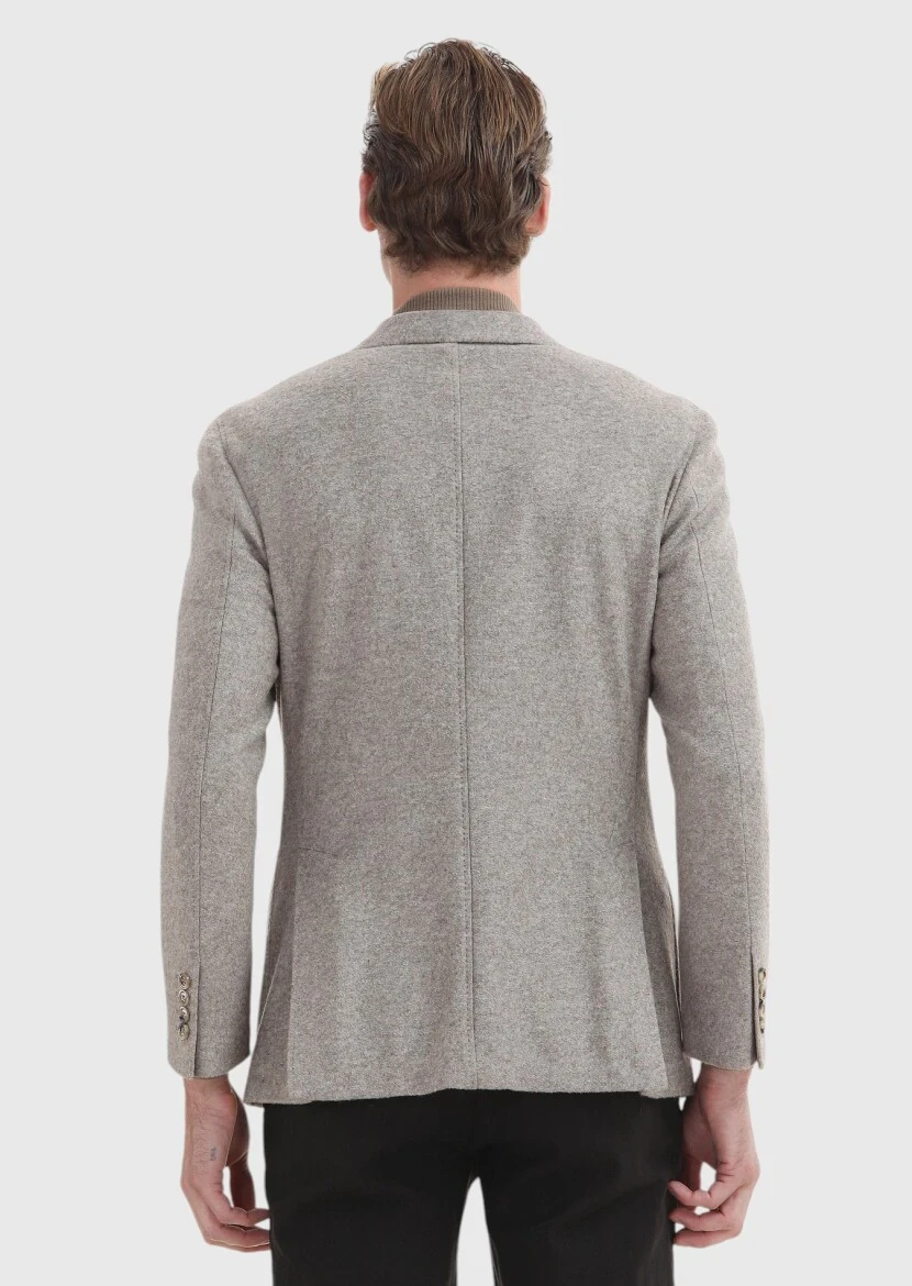 Beige Plain Shirt Shoulder Slim Fit Wool Blended Jacket - 5