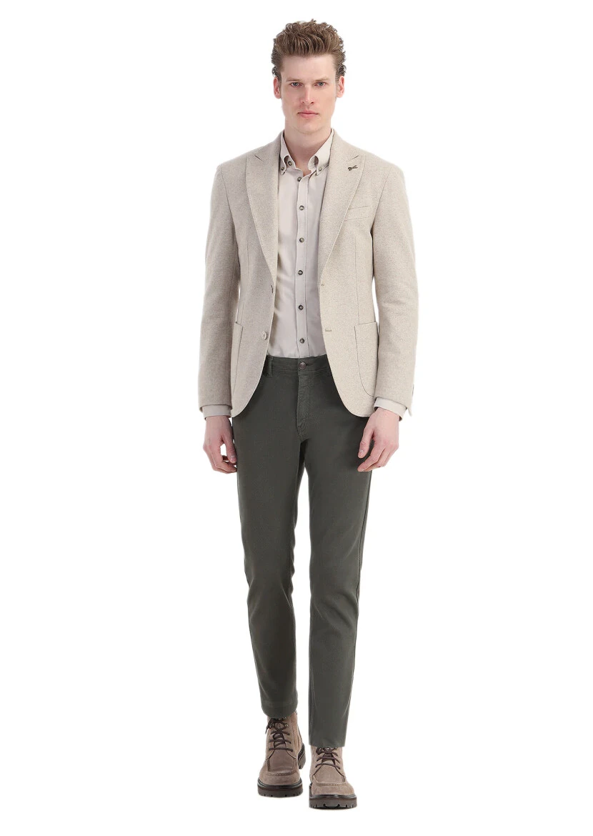 Beige Plain Shirt Shoulder Slim Fit Wool Blended Jacket - 2