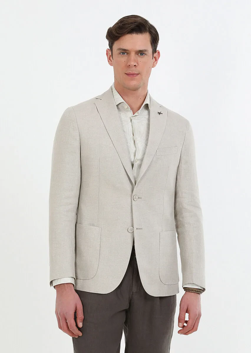 Beige Plain Zeroweight Slim Fit 100% Linen Jacket - 1