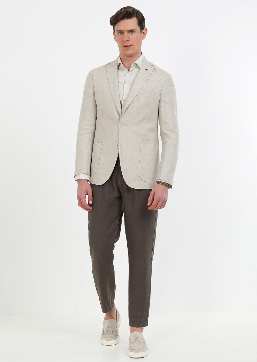 Beige Plain Zeroweight Slim Fit 100% Linen Jacket - 2