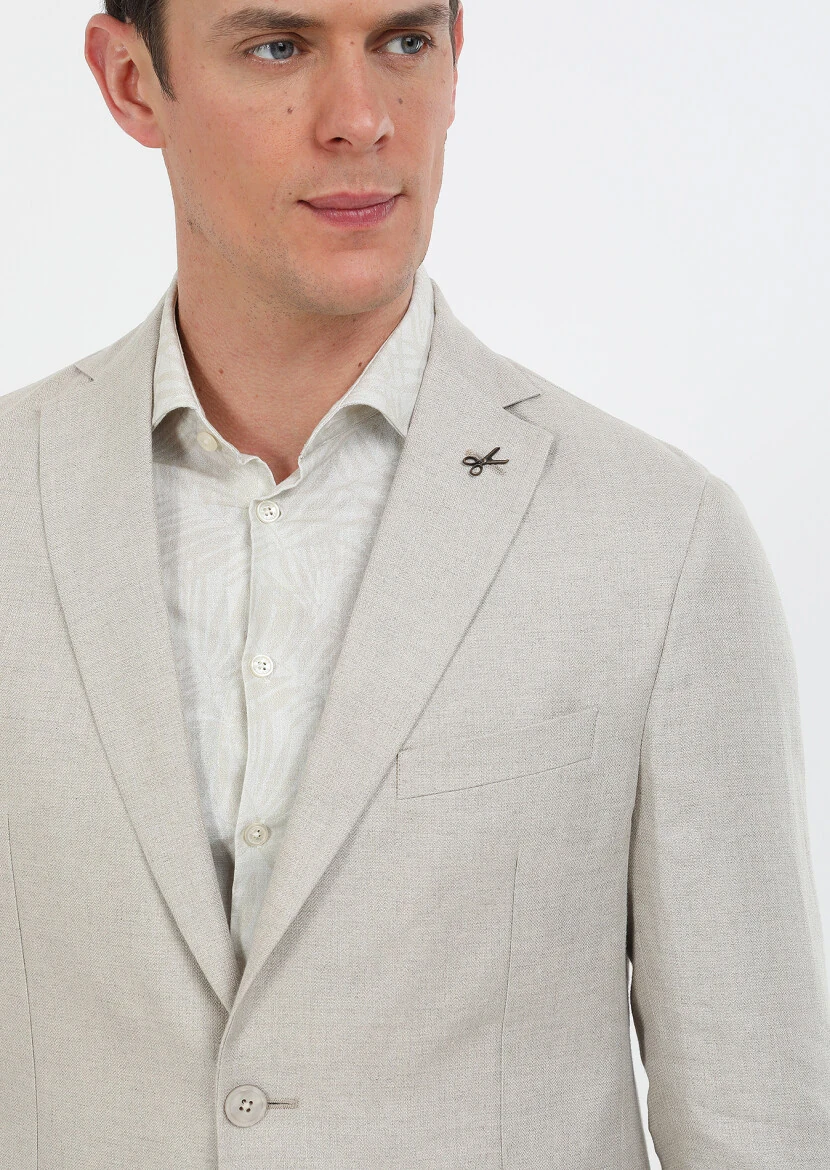 Beige Plain Zeroweight Slim Fit 100% Linen Jacket - 3