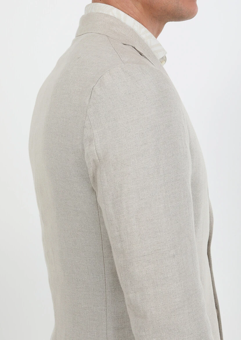 Beige Plain Zeroweight Slim Fit 100% Linen Jacket - 4