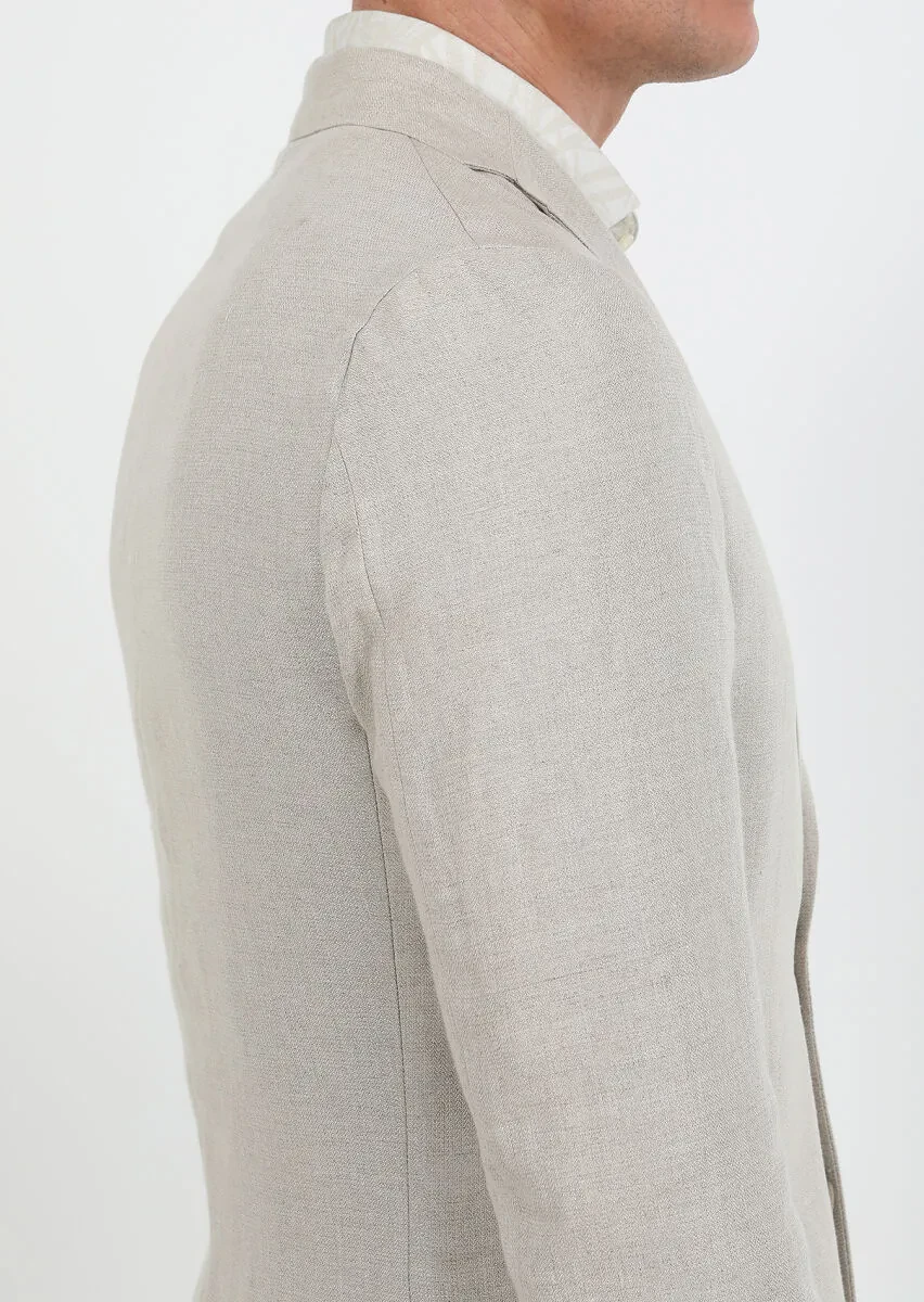 Beige Plain Zeroweight Slim Fit 100% Linen Jacket - 4