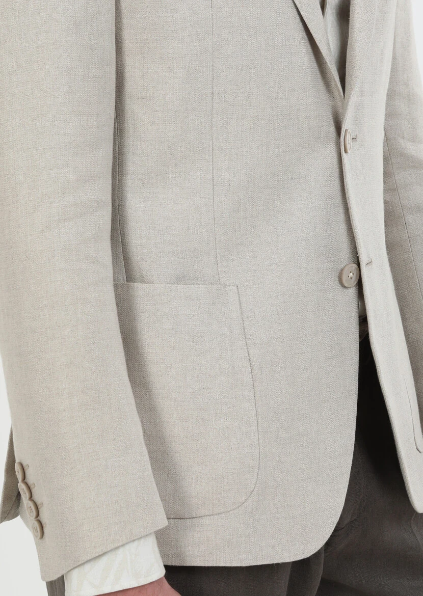 Beige Plain Zeroweight Slim Fit 100% Linen Jacket - 5