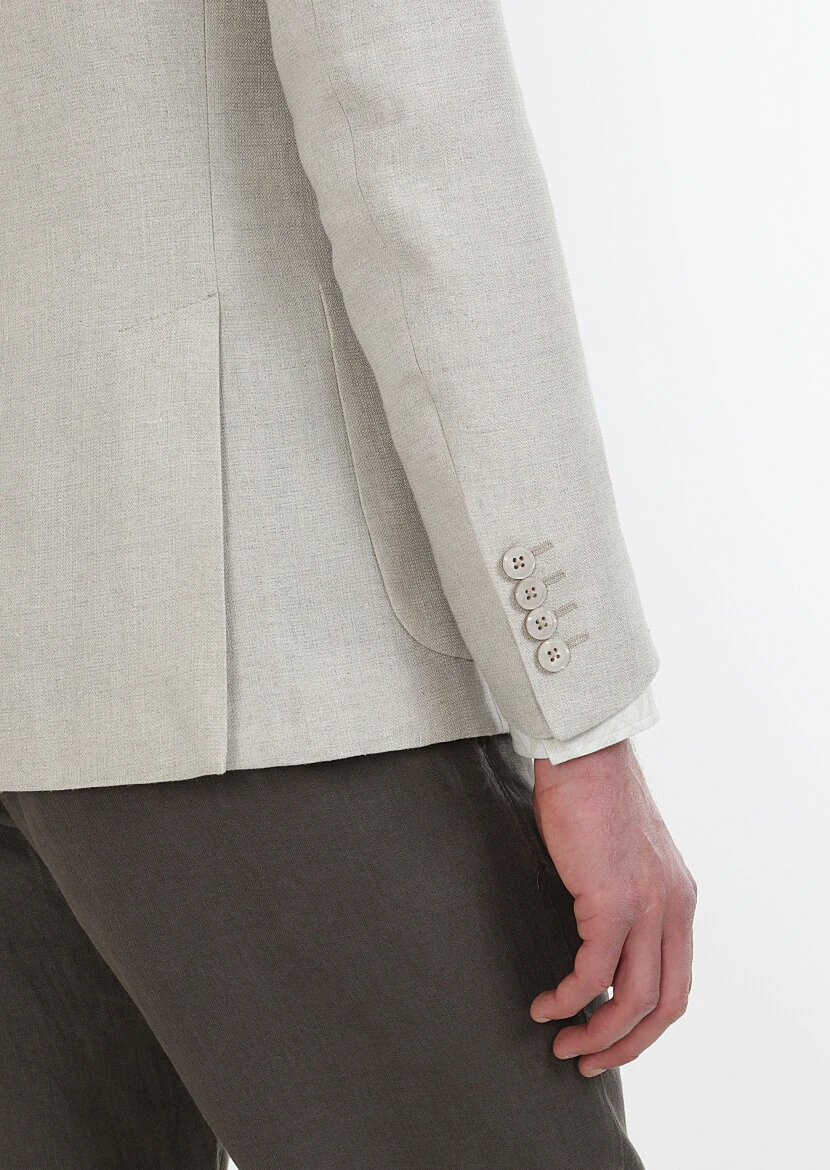 Beige Plain Zeroweight Slim Fit 100% Linen Jacket - 6