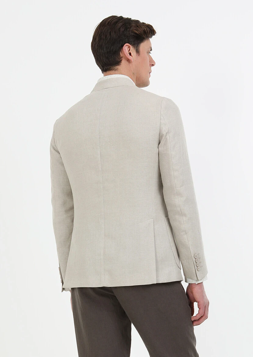 Beige Plain Zeroweight Slim Fit 100% Linen Jacket - 7