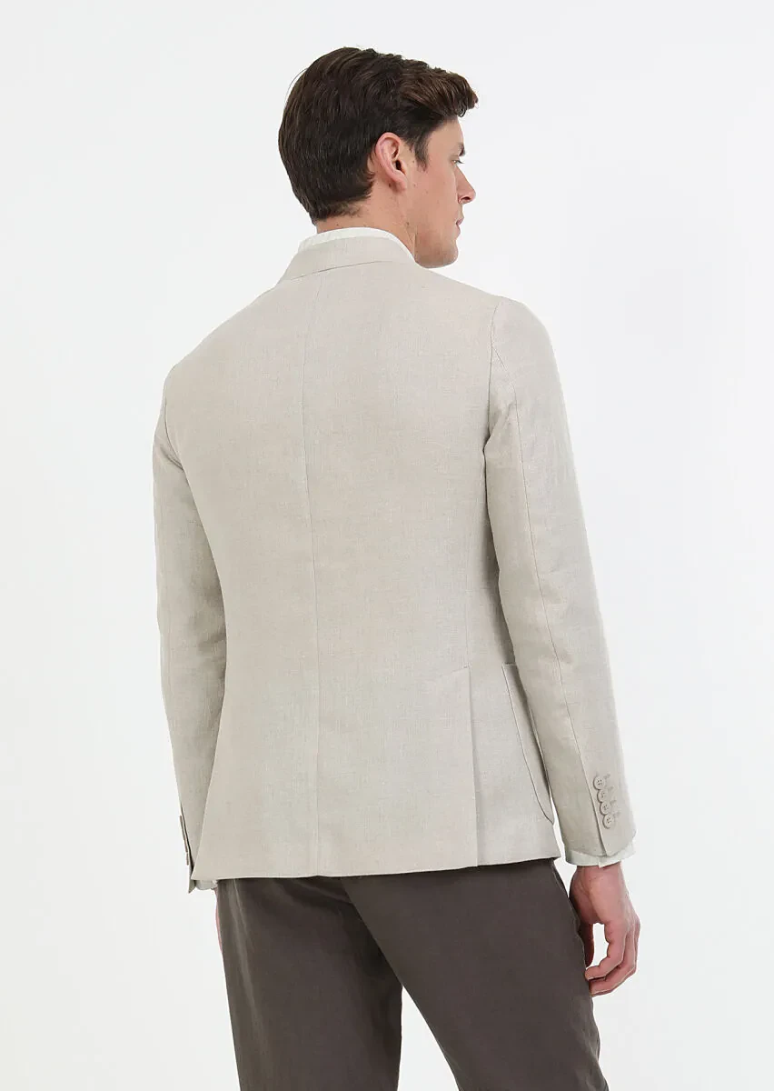Beige Plain Zeroweight Slim Fit 100% Linen Jacket - 7