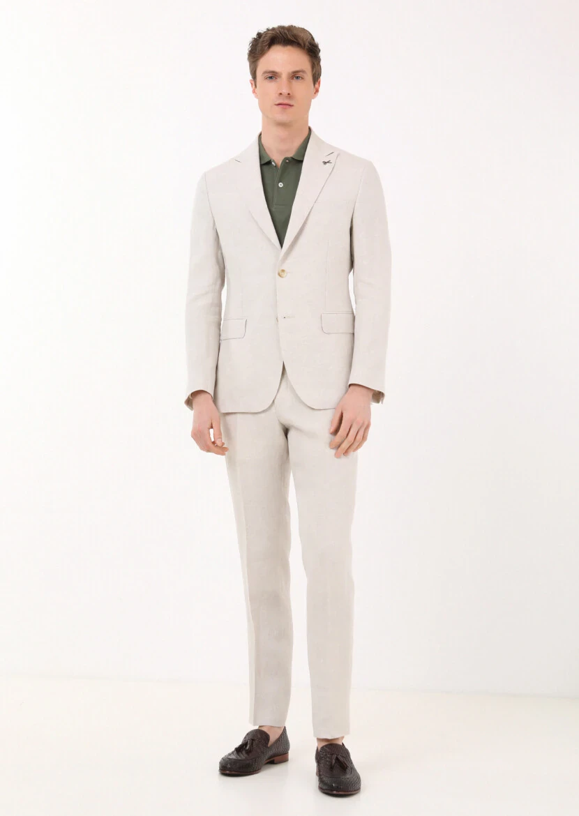 Beige Plain Zeroweight Slim Fit 100% Linen Suit - 1