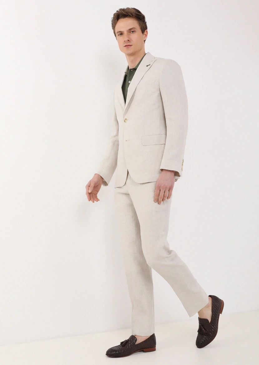 Beige Plain Zeroweight Slim Fit 100% Linen Suit - 2