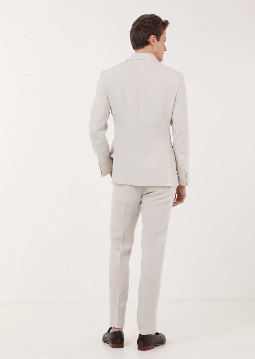 Beige Plain Zeroweight Slim Fit 100% Linen Suit - 4