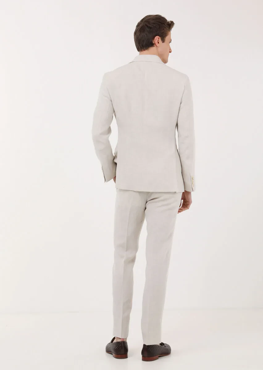 Beige Plain Zeroweight Slim Fit 100% Linen Suit - 4