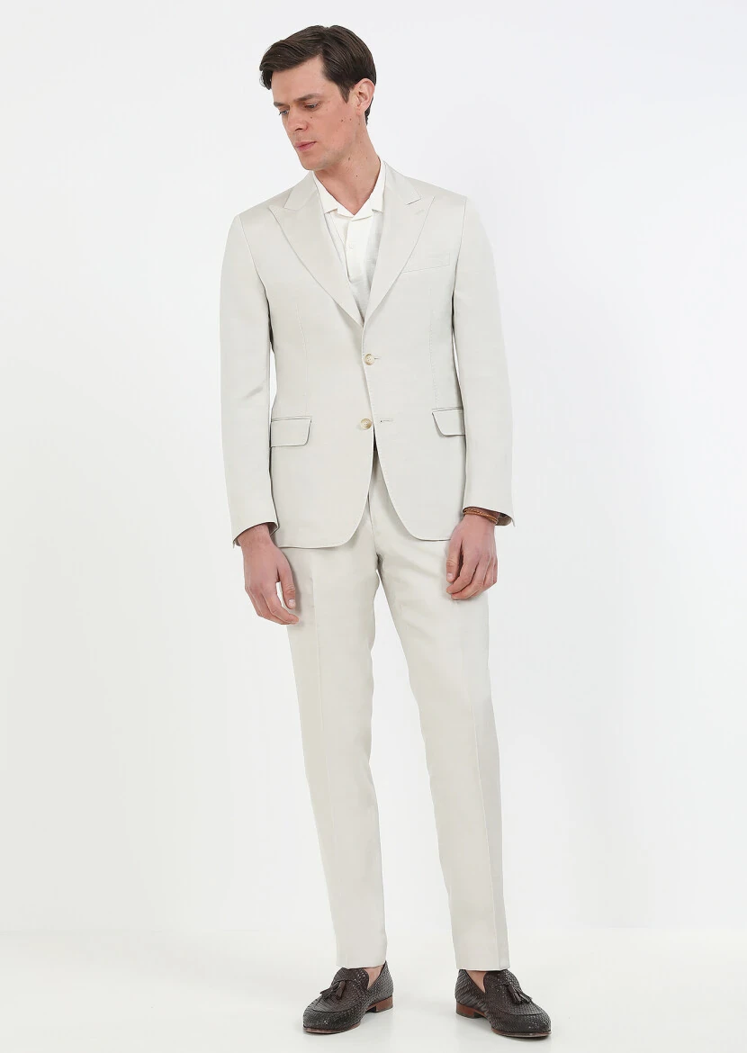 Beige Plain Zeroweight Slim Fit Cotton Blended Suit - 1