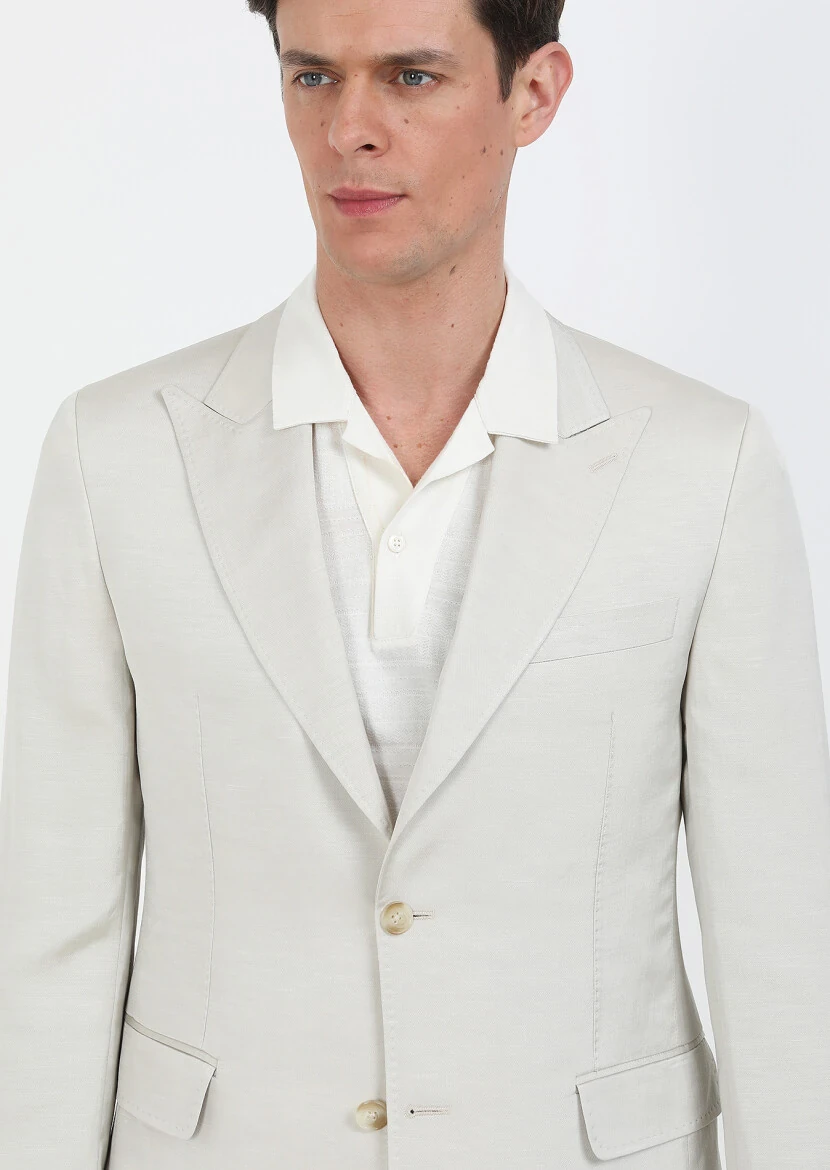 Beige Plain Zeroweight Slim Fit Cotton Blended Suit - 2