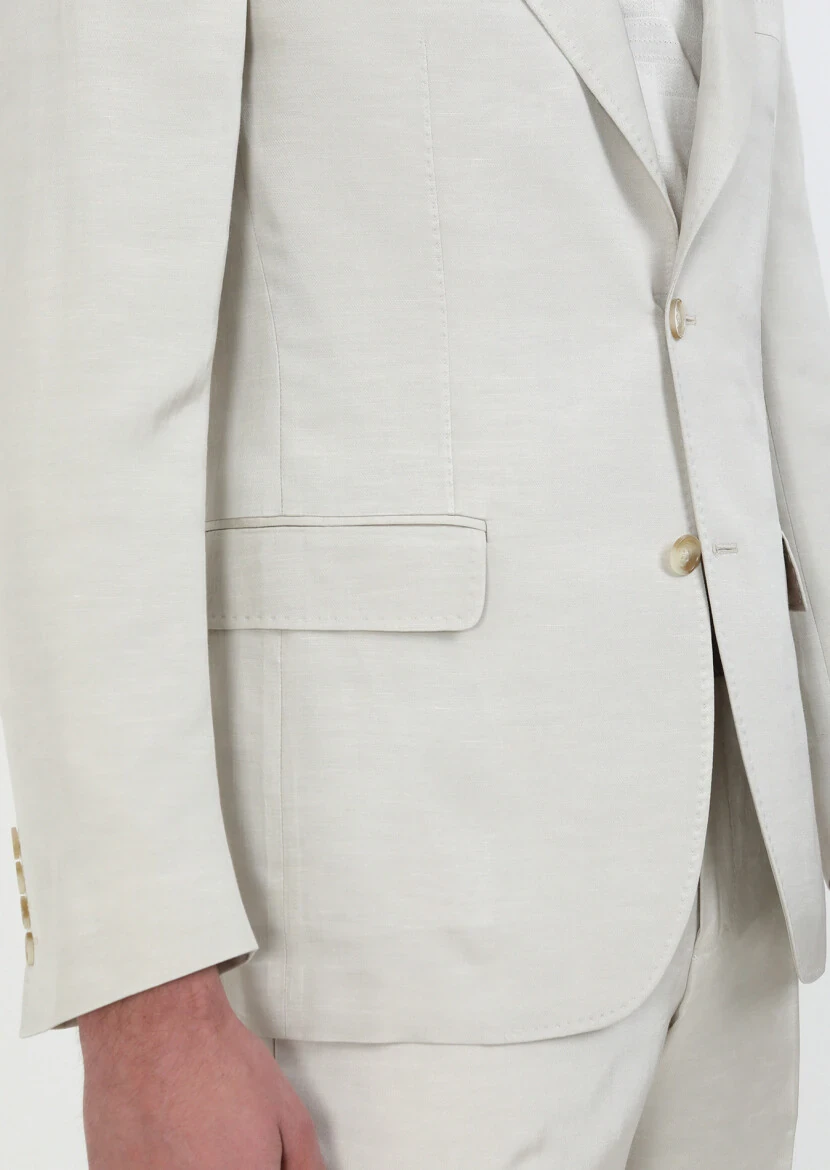 Beige Plain Zeroweight Slim Fit Cotton Blended Suit - 3