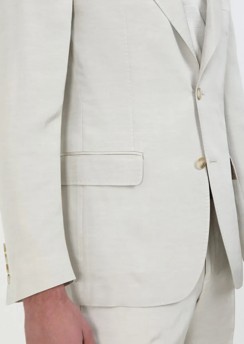 Beige Plain Zeroweight Slim Fit Cotton Blended Suit - 3