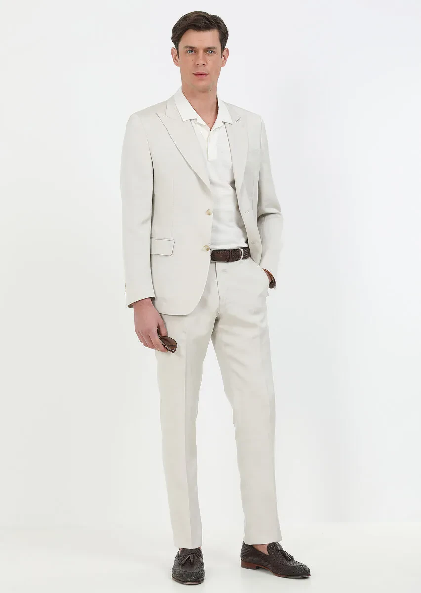 Beige Plain Zeroweight Slim Fit Cotton Blended Suit - 4