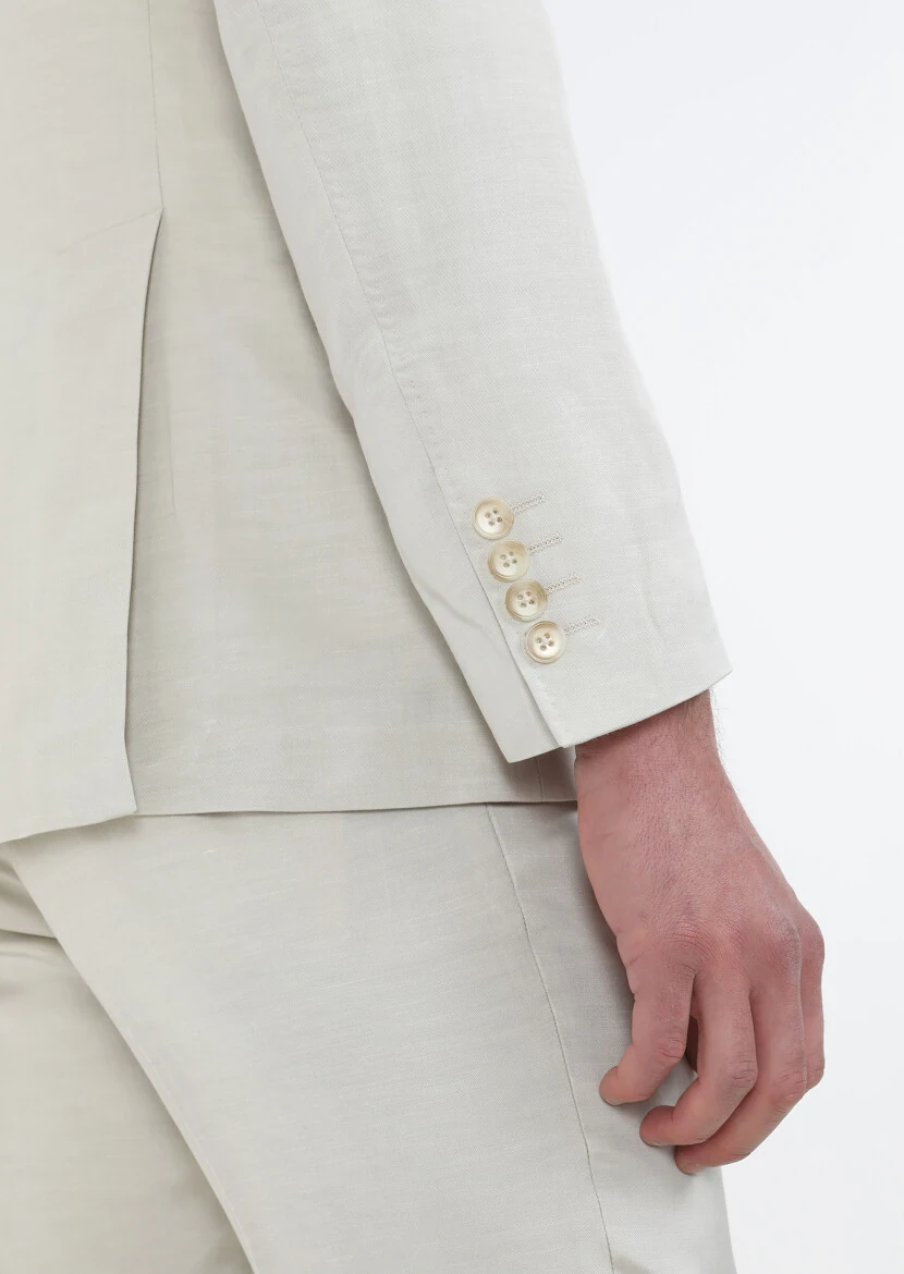 Beige Plain Zeroweight Slim Fit Cotton Blended Suit - 7