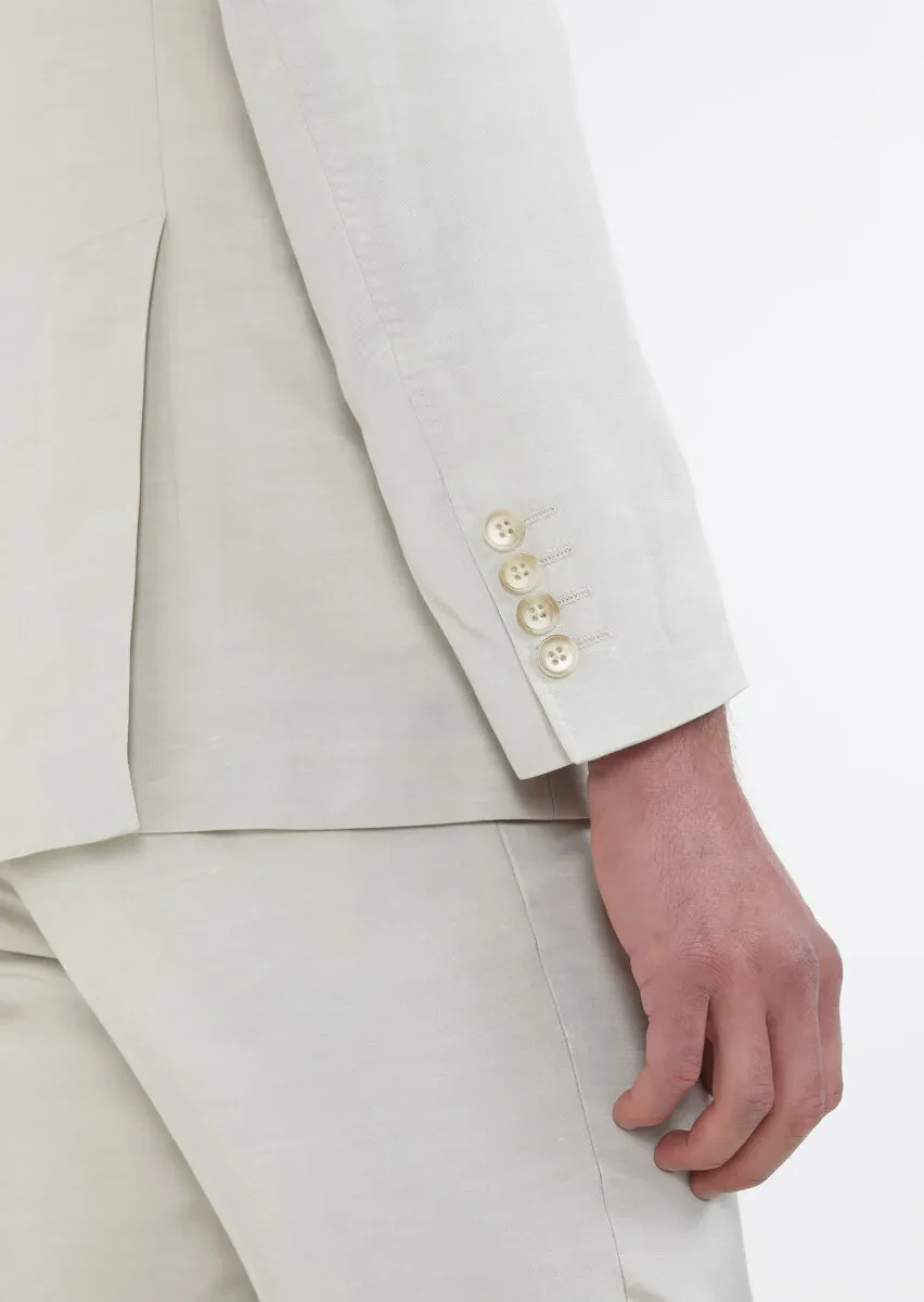 Beige Plain Zeroweight Slim Fit Cotton Blended Suit - 7