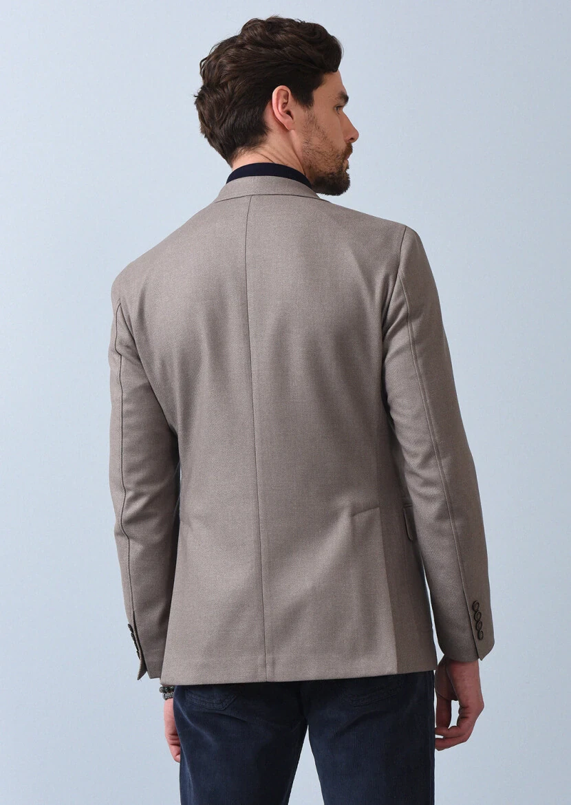 Beige Plain Zeroweight Slim Fit Wool Blended Jacket - 5