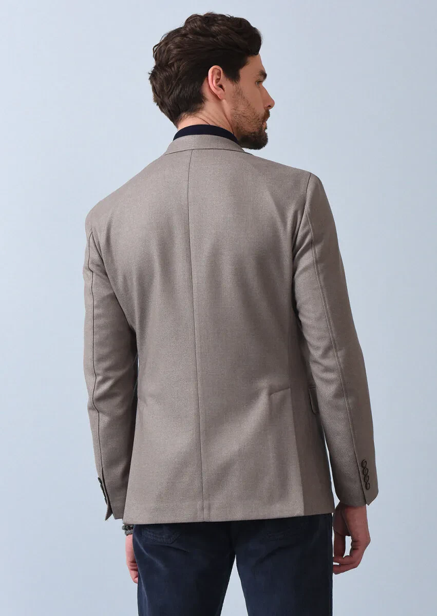 Beige Plain Zeroweight Slim Fit Wool Blended Jacket - 5