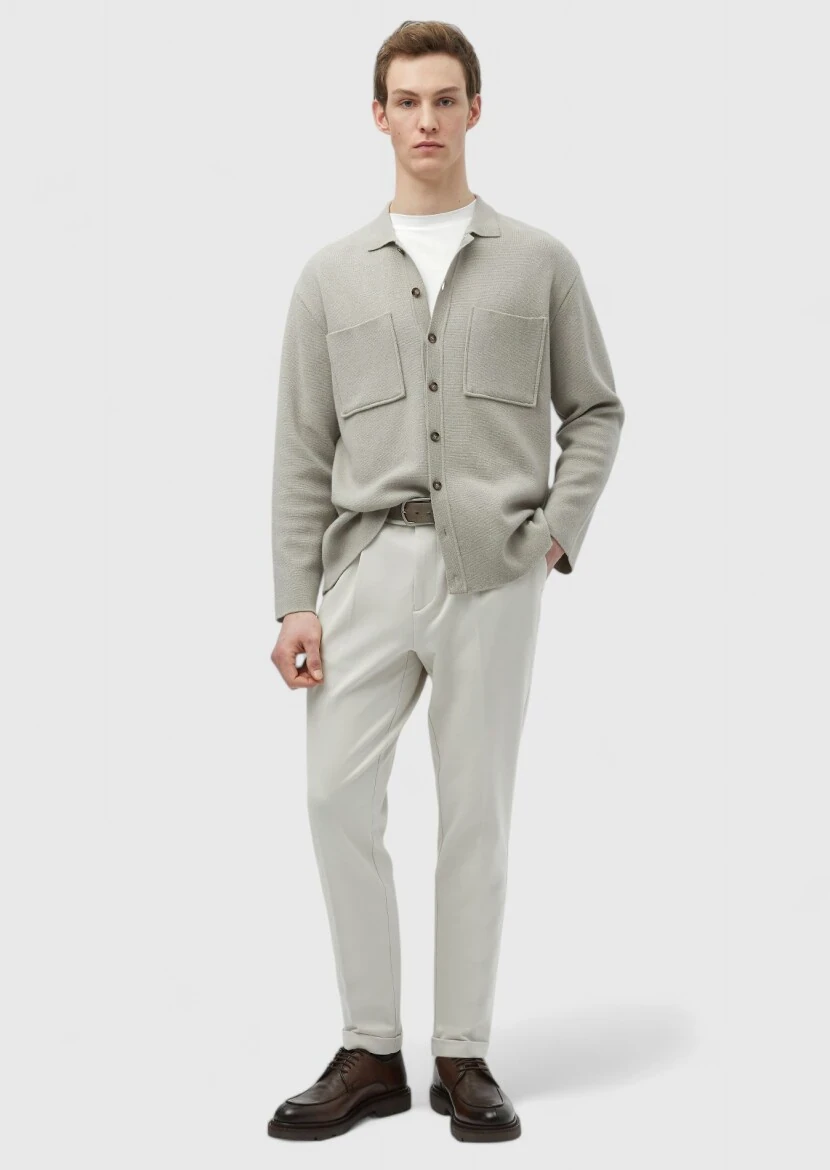 Beige Polo Neck Jacquard Wool Blended Cardigan - RAMSEY