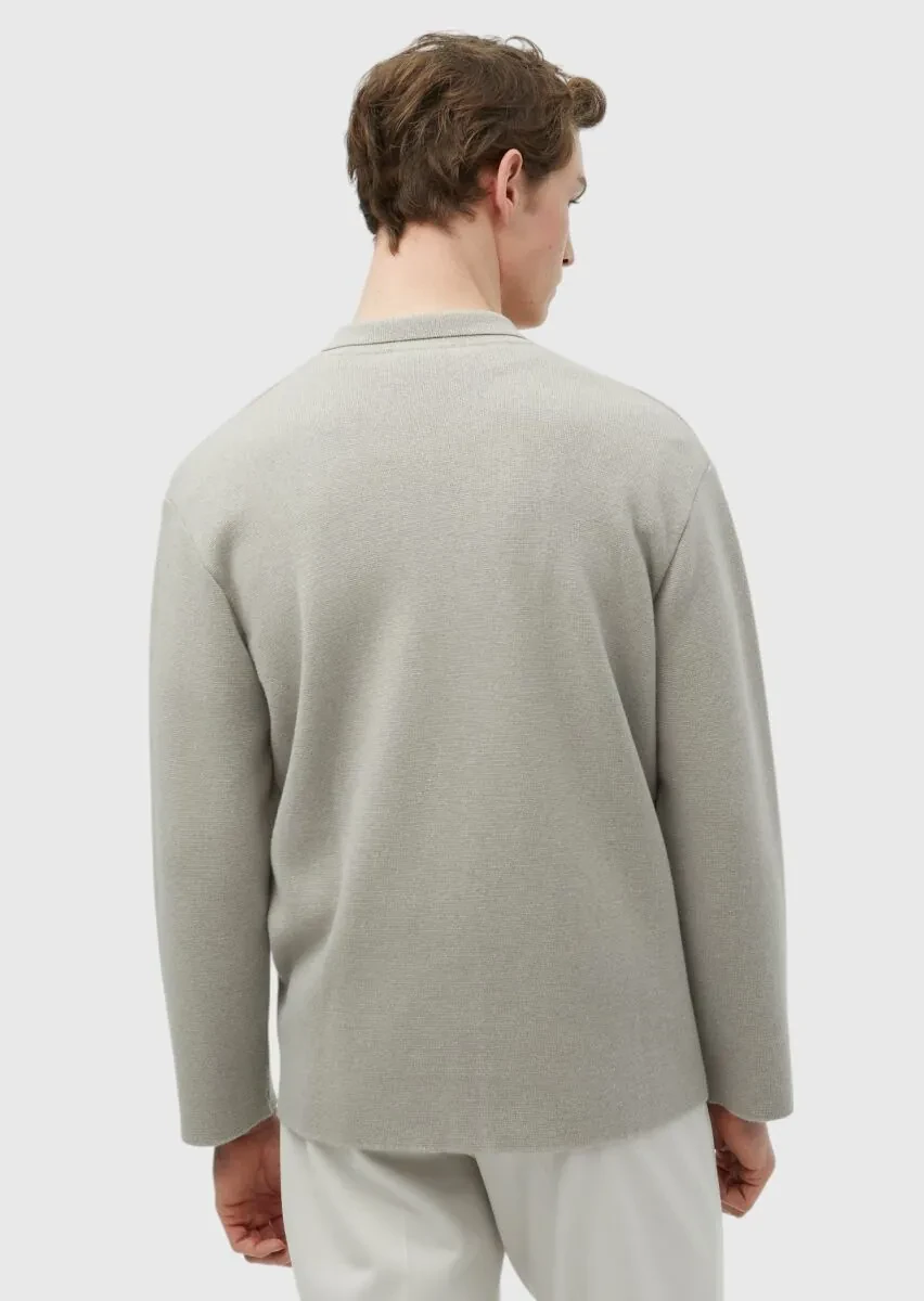 Beige Polo Neck Jacquard Wool Blended Cardigan - 7