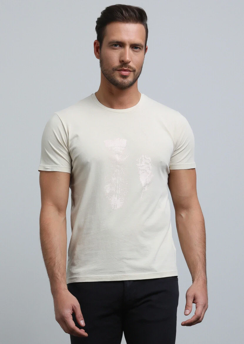Beige Printed 100% Cotton T-Shirt - 1