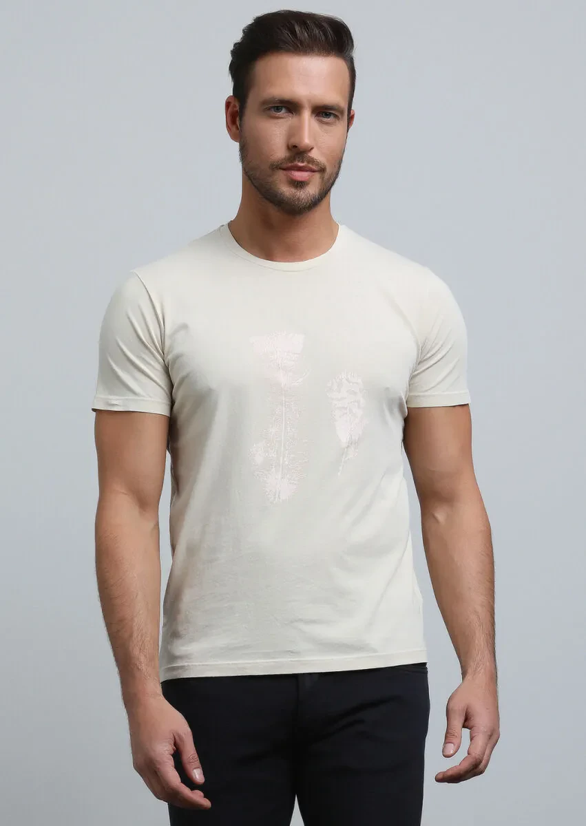 Beige Printed 100% Cotton T-Shirt - 1