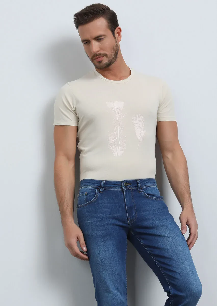 Beige Printed 100% Cotton T-Shirt - 3