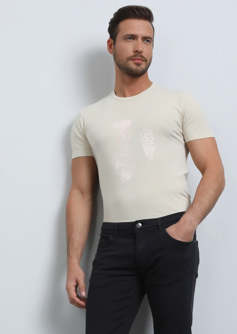 Beige Printed 100% Cotton T-Shirt - 4