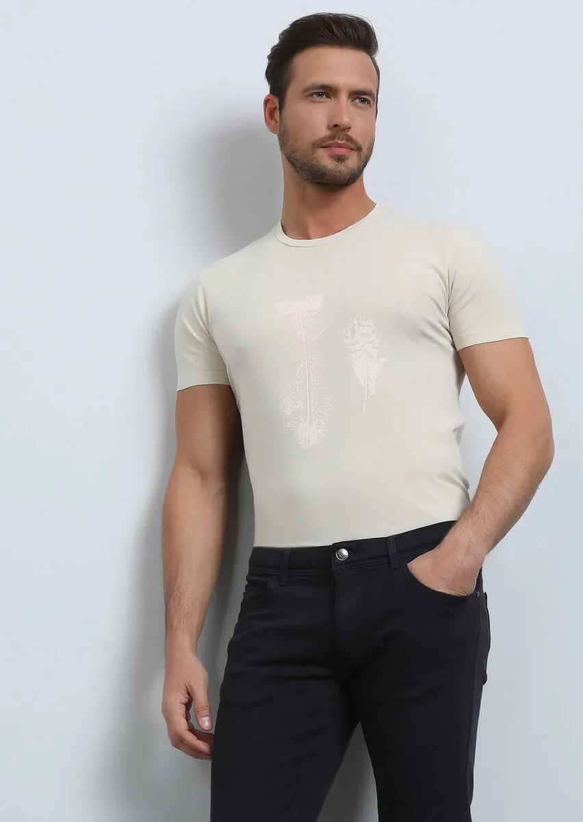 Beige Printed 100% Cotton T-Shirt - 4