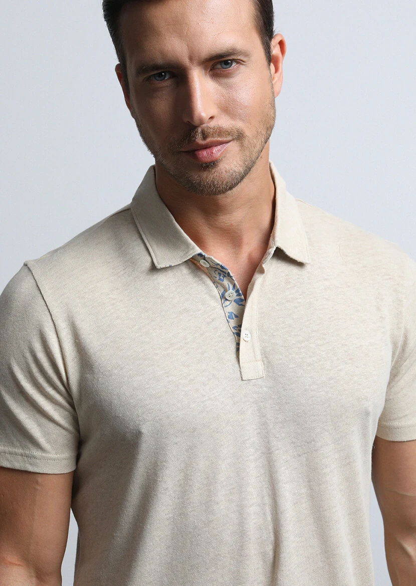 Beige Printed Polo Neck Cotton Blended T-Shirt 