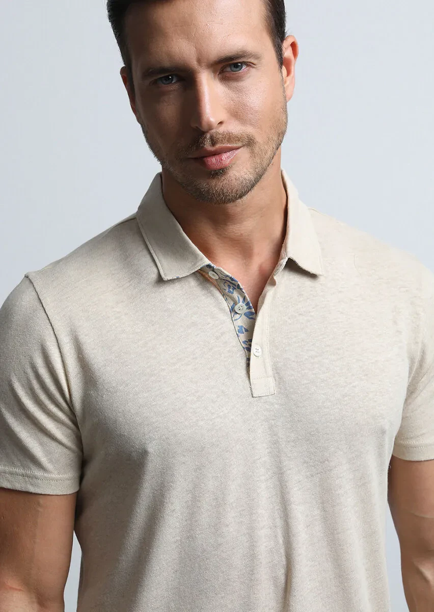 Beige Printed Polo Neck Cotton Blended T-Shirt - 2