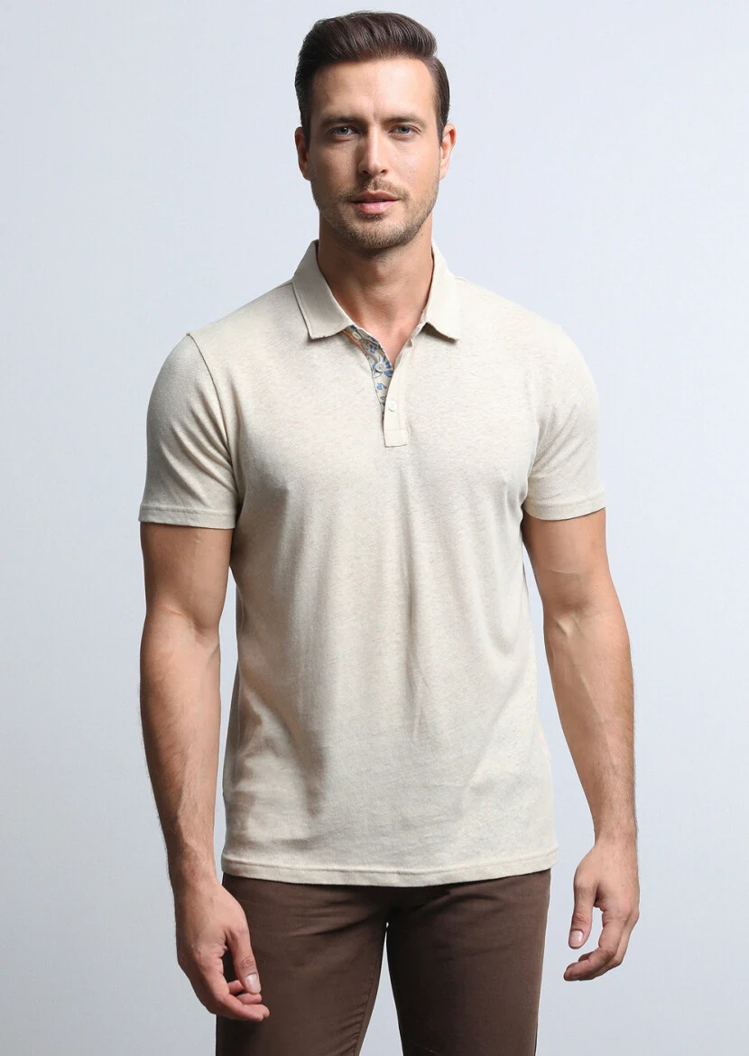 Beige Printed Polo Neck Cotton Blended T-Shirt - 3