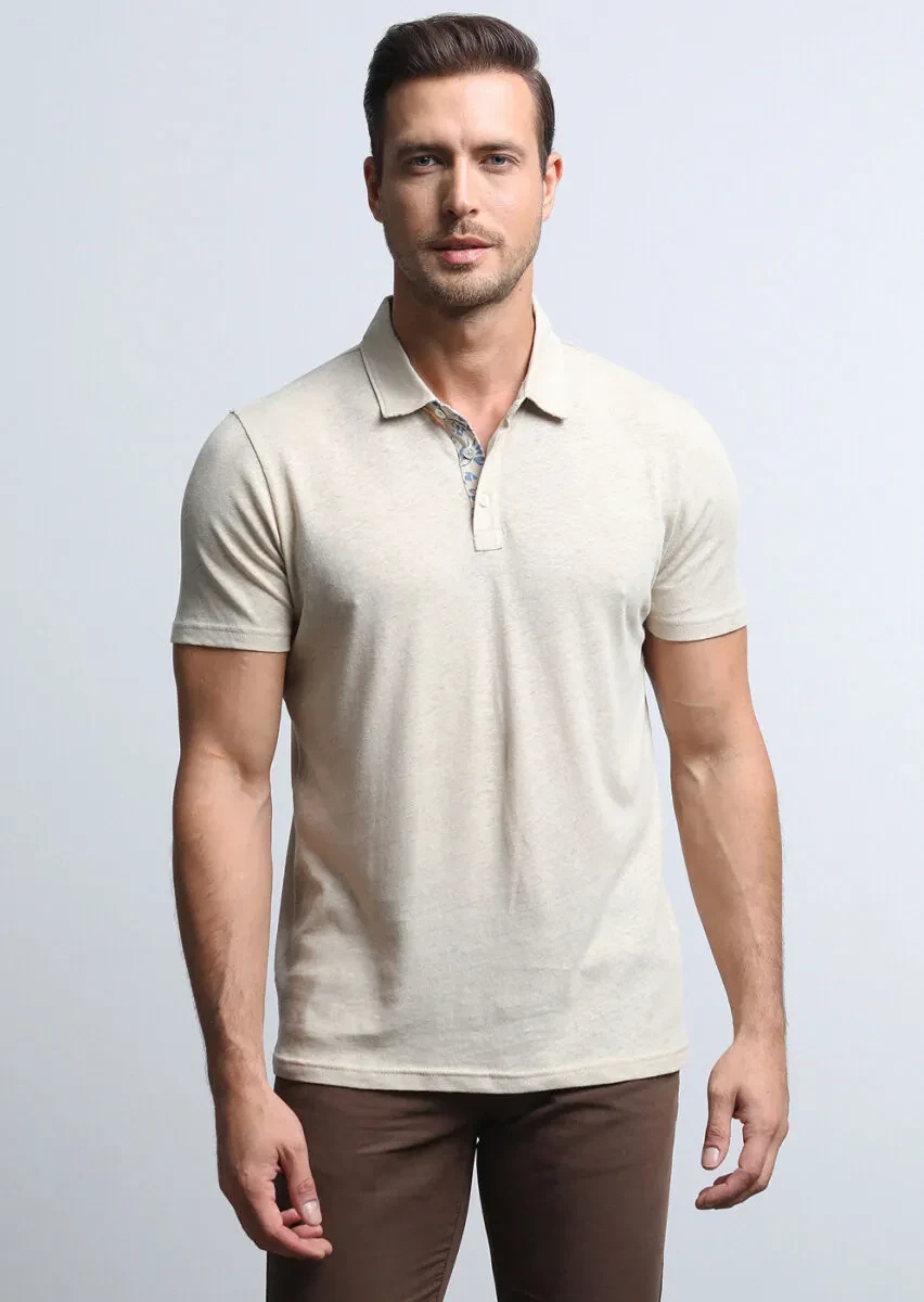 Beige Printed Polo Neck Cotton Blended T-Shirt - 3