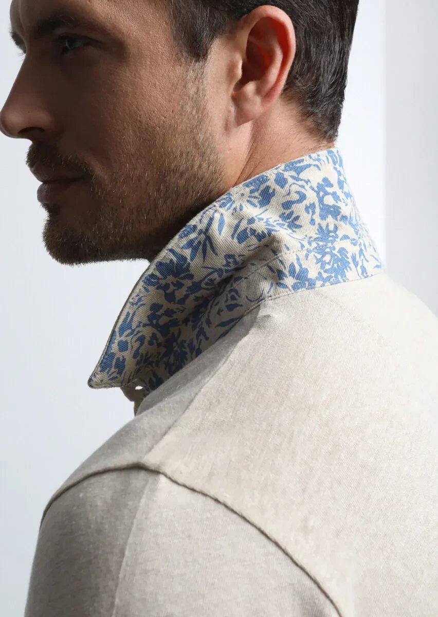 Beige Printed Polo Neck Cotton Blended T-Shirt - 4