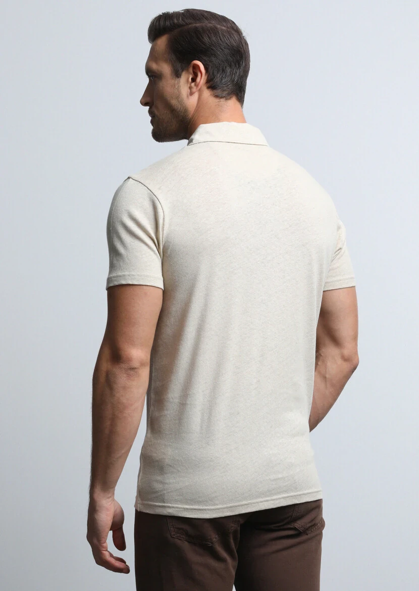 Beige Printed Polo Neck Cotton Blended T-Shirt - 5