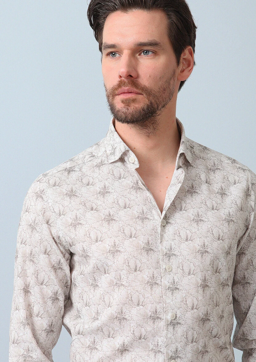 Beige Printed Regular Fit Weaving Casual 100% Cotton Shirt - 1
