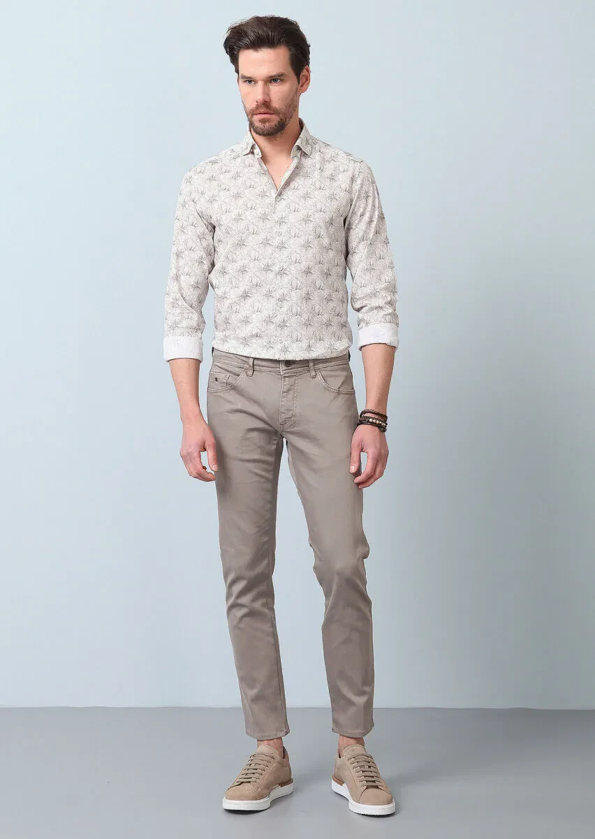 Beige Printed Regular Fit Weaving Casual 100% Cotton Shirt - 3