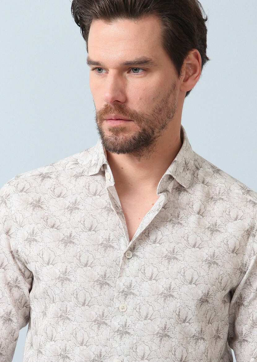 Beige Printed Regular Fit Weaving Casual 100% Cotton Shirt - 4