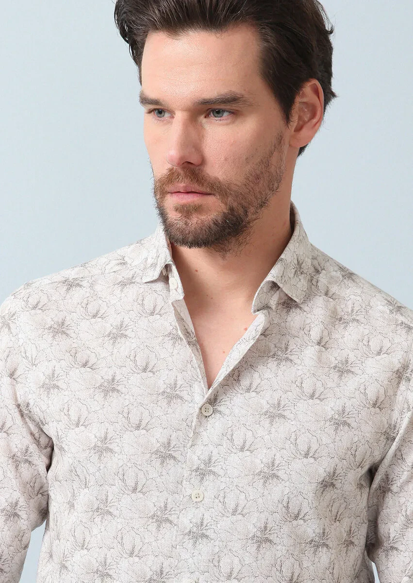 Beige Printed Regular Fit Weaving Casual 100% Cotton Shirt - 4