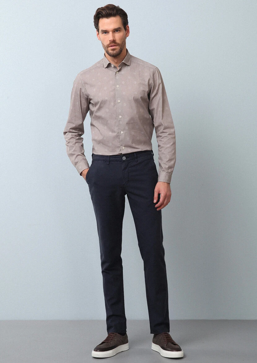 Beige Printed Slim Fit Weaving Casual 100% Cotton Shirt - 3