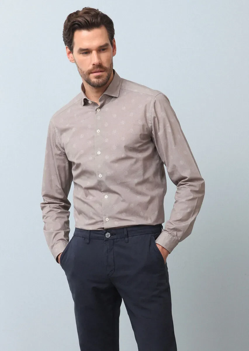 Beige Printed Slim Fit Weaving Casual 100% Cotton Shirt - 4